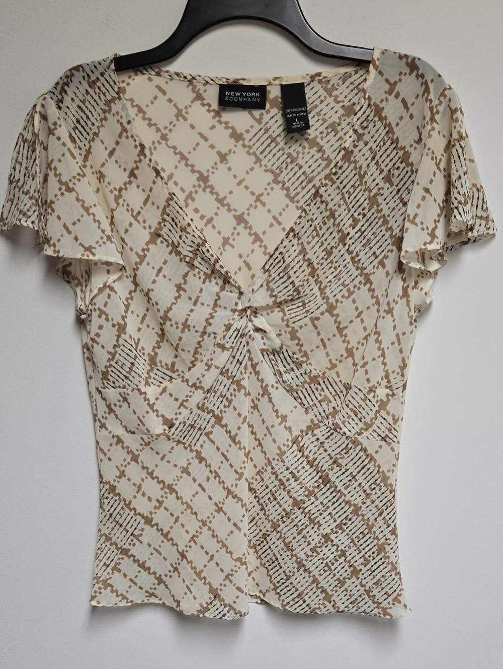 New York & Company Cream and Tan Twist-Front Short Sleeve Blouse